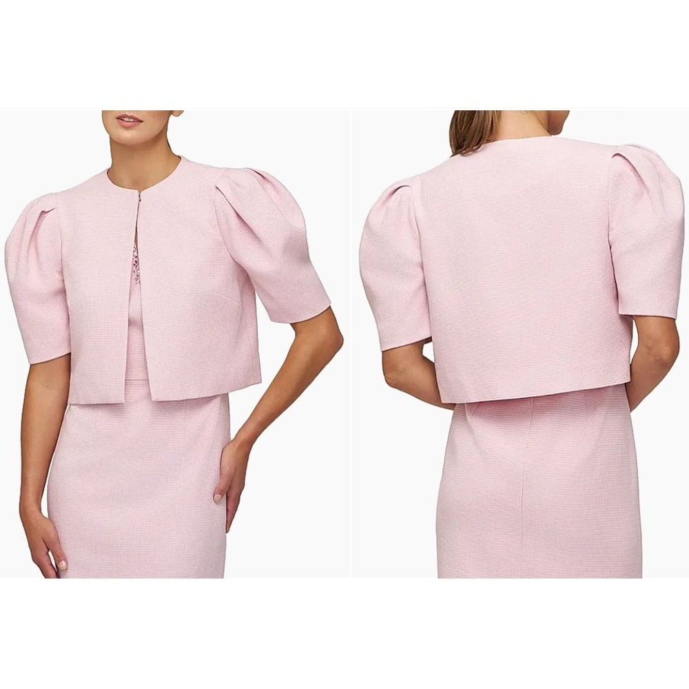 Kay Unger Jovie Stretch-Bouclé Jacket Sz 6 Pink Puff Sleeve Coquette Luxury Chic